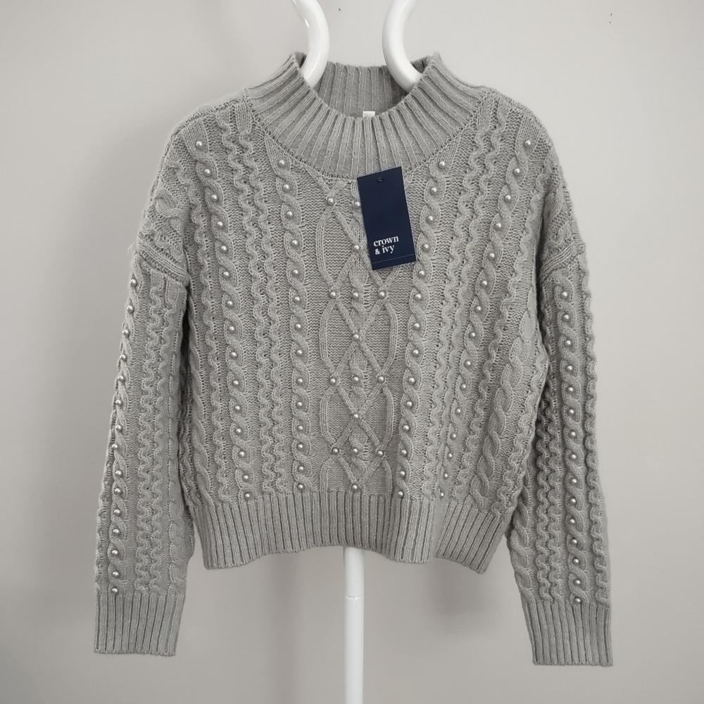 New! Crown & Ivy Sweater Grey Mock Neck Pearl Women's PS